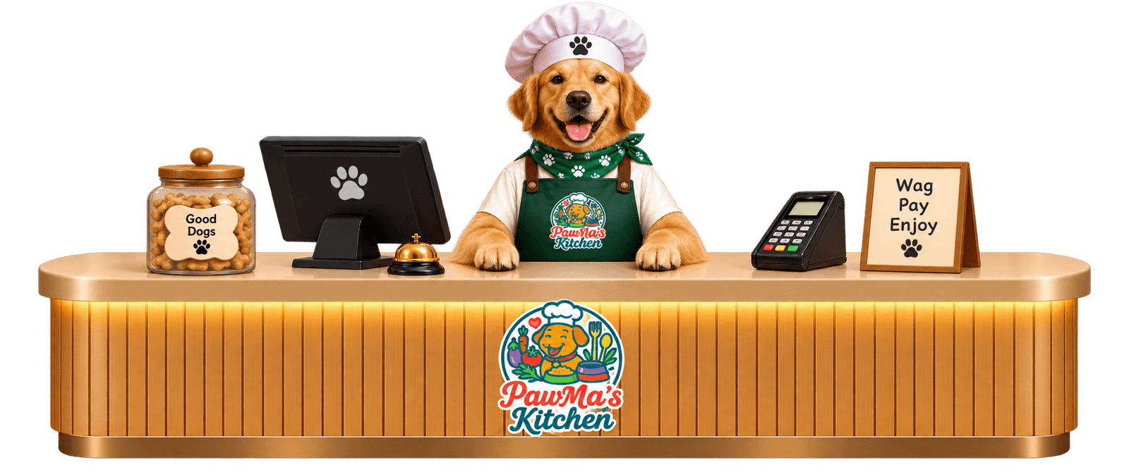 PawMa's Kitchen chef mascot welcoming guests at the restaurant counter