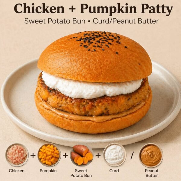 Chicken + Pumpkin Patty Sweet Potato Bun Curd/Peanut Butter